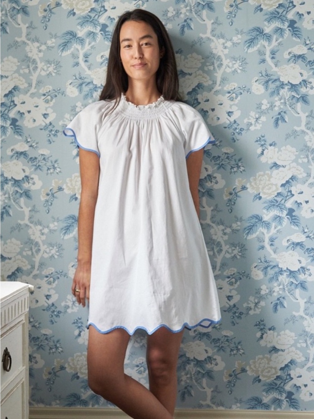 Lake Pajama NWT Patio Dress Med Classic White Cotton Nightgown with Blue Trim